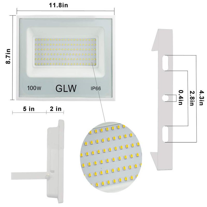 GLW مصابيح الفيض 100 واط LED في عبوة 2، 10000 لومن ضوء عمل فائق السطوع، 6000 كيلفن ضوء النهار الأبيض مع قابس، مصابيح أمان خارجية مقاومة للماء IP66 للملعب، المرآب، الفناء، الحديقة الخلفية - Image 3